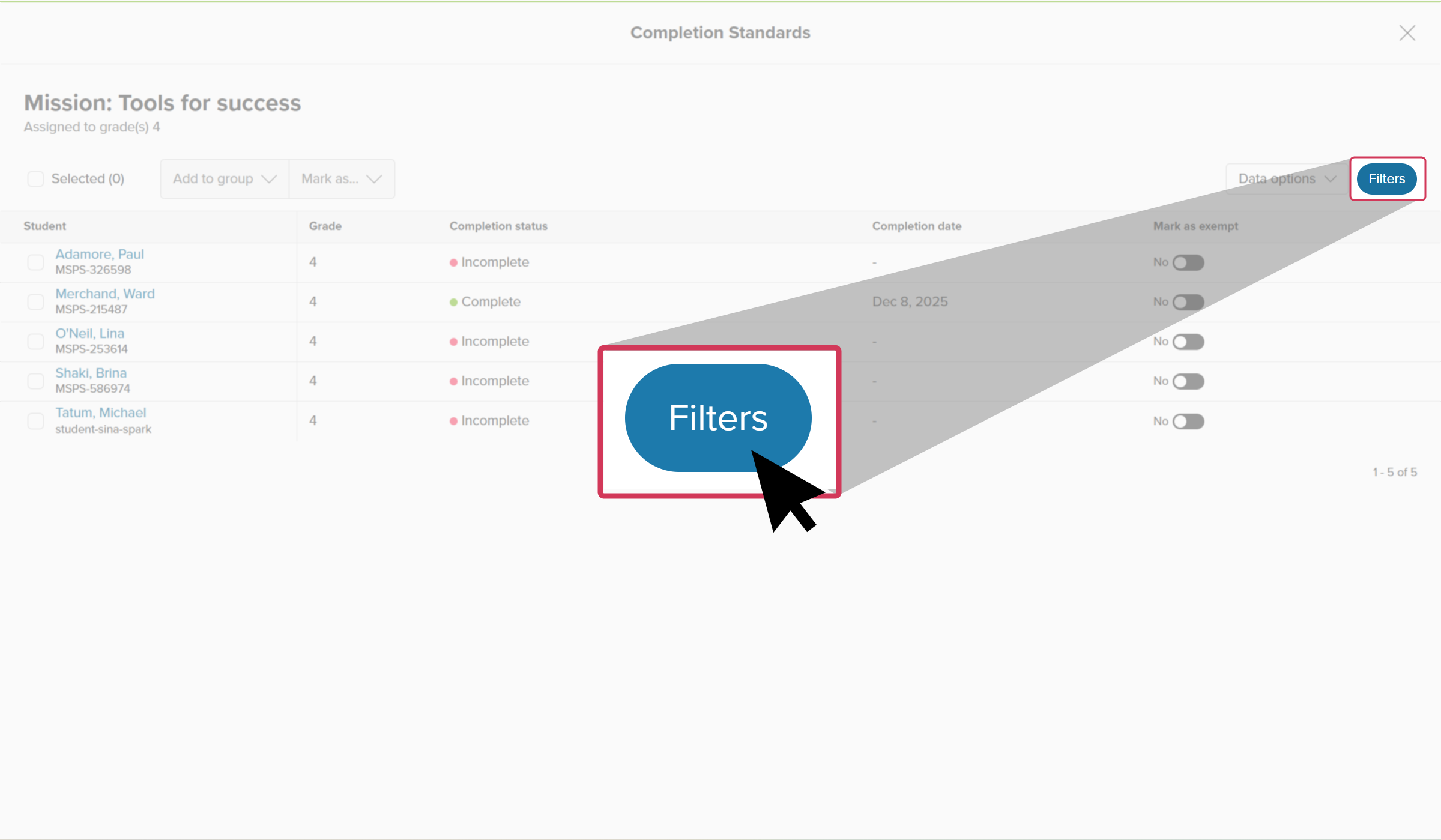 Educator account in Xello. The Completion Standards report for Mission: Tools for success is open and the filters button is highlighted.